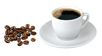 x&iacute;cara de caf&eacute; expresso acompanhado de gr&atilde;os de caf&eacute; torrado isolado em fundo transparente