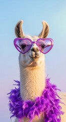 Obraz premium Close up on a llama with heart-shaped sunglasses and purple boa, showing joyfulness. Representative of love, happiness, Valentine's Day or a joyful event