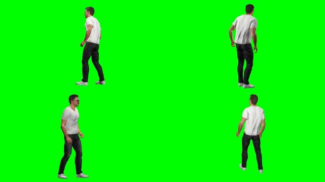 Male dancer in white shirt performing low squat bounce with arm pump on green screen chromakey background, powerful hip hop move, 3D animated cartoon animation style character street dance