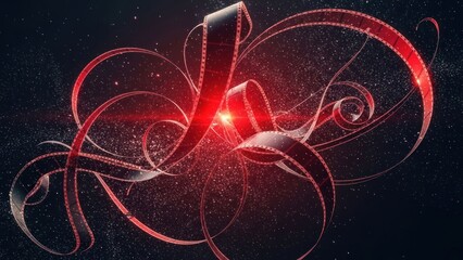 Swirling film strip with red glow and particles on a dark space background