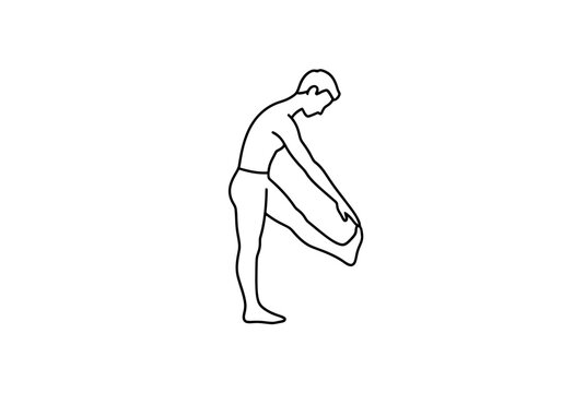 A slender individual performs a standing left leg hamstring stretch holding their foot in a minimalist line composition against a white background