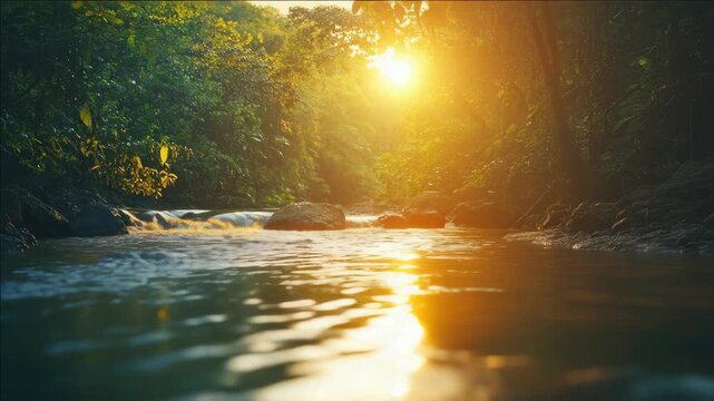 A tranquil scene of nature with soft sunbeams creating a magical glow as the sun sets behind the trees and the river calmly reflects its warmth.