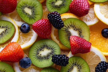 Fresh fruit spread with colorful slices of kiwi, strawberries, oranges, and berries on a flat surface