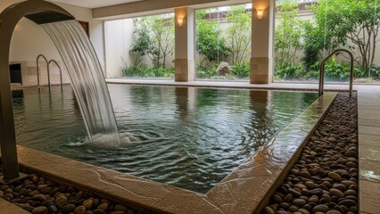 Fototapeta premium Tranquil indoor pool with water feature and garden view