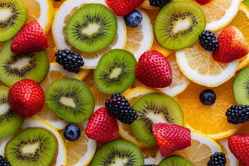 Colorful assortment of fresh fruits arranged on a table during a sunny afternoon in a kitchen