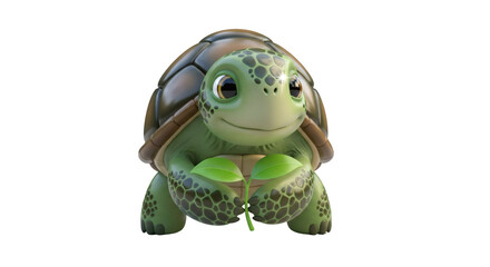 Fototapeta premium Smiling green turtle isolated on transparent background with leaf