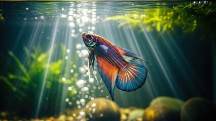 Vivid betta fish swims in a tank with light rays and bubbles