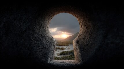 Keyhole view of sunlit landscape, [success opportunity], [concept of visualizing and unlocking potential]
