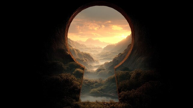 Keyhole view of sunlit landscape, [success opportunity], [concept of visualizing and unlocking potential]