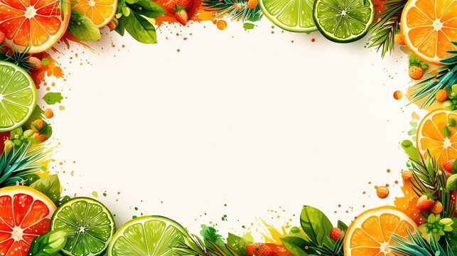 Vibrant Citrus Fruit Border with Strawberries and Greenery on White Background