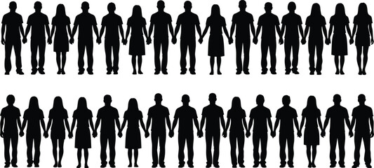 People holding hands silhouette vector set, black white unity clipart, community and solidarity illustration, social cohesion design