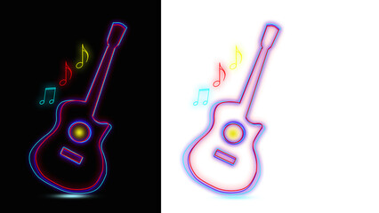 Neon sign of Guitar  instrument  line on transparent png background. Colourful Musical instrument   for banner, poster, decoration, invitation jazz festival, music shop