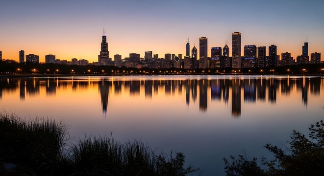 Chicago Skyline Reflection Twilight Sunset Willis Tower View