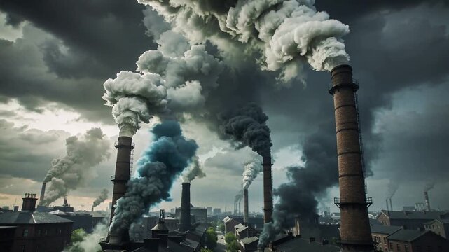 Industrial Pollution Over 1950s City with Black Smoke Chimneys and Ominous Cinematic Atmosphere