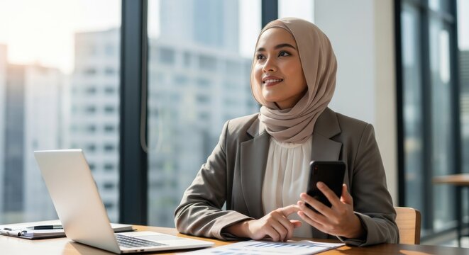 Professional woman wearing a hijab uses a mobile device while seated at an office desk with a laptop