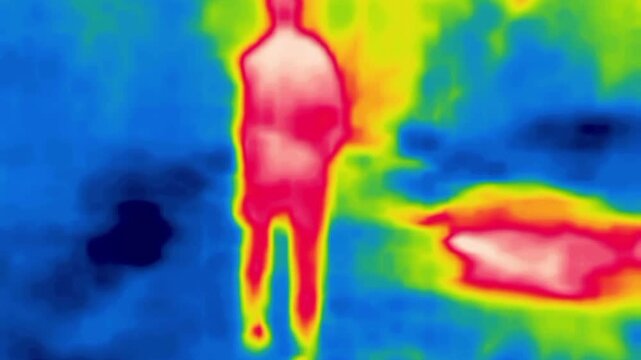 A man hurries along the path. Image from thermal imager device.
