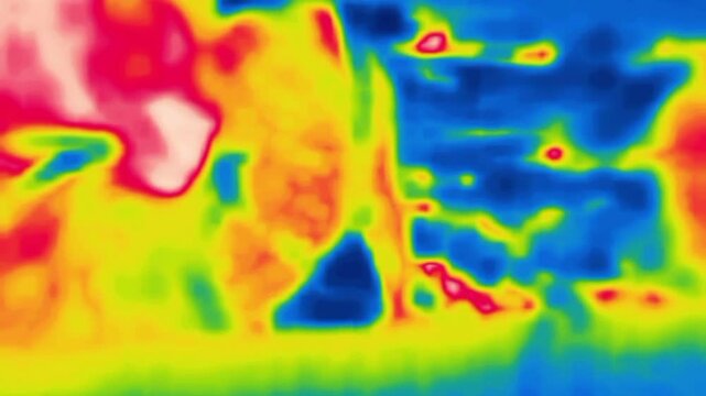 A goat eats hay from the hands of a nursing man. Image from thermal imager device.