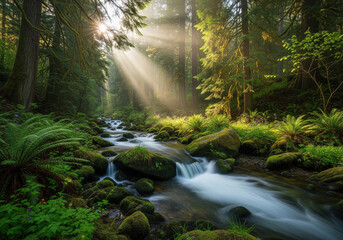 Obraz premium Serene Mountain Stream in Sunlit Mossy Forest at Dawn