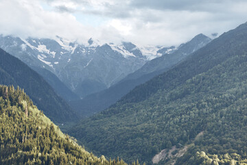 Obraz premium Mountain forest valley with distant peaks and clouds, nature landscape showing expansive wilderness, authenticity inclusivity mood and serene view