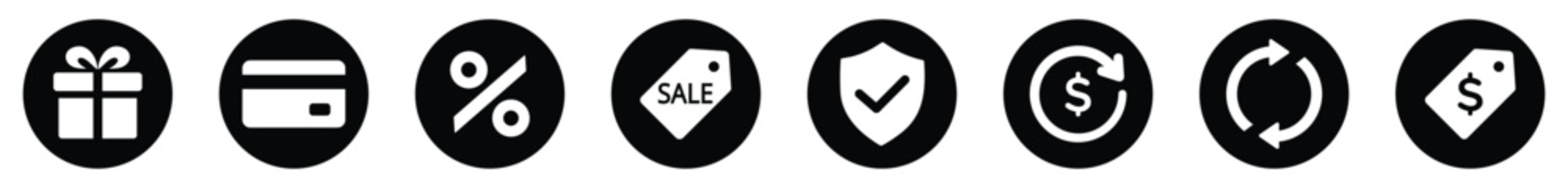 Payment and pricing UI icon set with free, credit card, discount, sale, secure payment, subscription and price tag symbols. Solid Ecommerce and shopping icons 