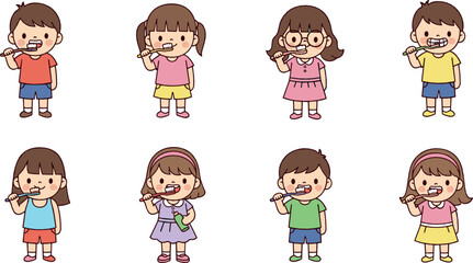 Obraz premium Cute kids brushing teeth vector set with boys and girls practicing dental hygiene, healthy smiles, and fun oral care cartoon characters