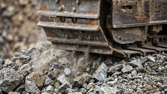 Construction site machinery crushing rocks during the golden hour with heavy machinery in action