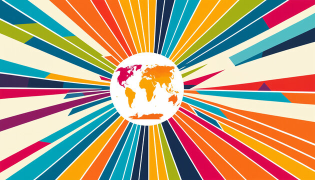 world map on a white circle surrounded by a massive explosion of multicolored rays and geometric stripes in a vibrant global theme.