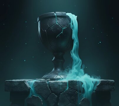 Ancient Cracked Chalice with Mystical Teal Smoke on Ruined Stone Altar