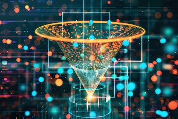 Least privilege access concept. A colorful, digital funnel graphic showcasing vibrant particles and geometric shapes, representing data flow or digital transformation.
