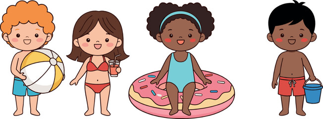 Cute kids summer beach vector set with boys and girls in swimsuits, inflatable float, beach ball, and playful holiday cartoon characters © MdNazmul