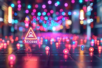 Least privilege access concept. A vibrant, neon-lit scene with glowing access symbols and colorful light bokeh, creating a futuristic and digital atmosphere.