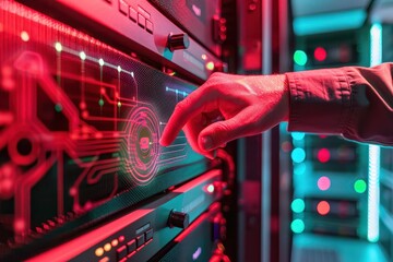 Least privilege access concept. A hand interacts with a glowing server, surrounded by colorful lights, representing technology and data management in a modern digital environment.
