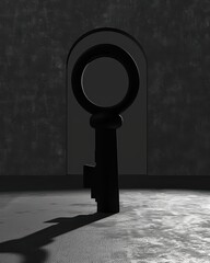 Least privilege access concept. A large, silhouetted key stands in a dimly lit space, casting a shadow against a textured wall and an arched doorway.