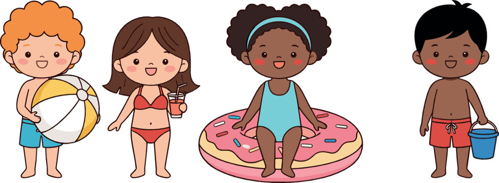 Cute kids summer beach vector set with boys and girls in swimsuits, inflatable float, beach ball, and playful holiday cartoon characters