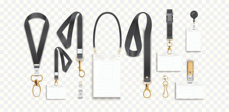 ID badge lanyards with metal golden clips mockup set. Vector illustration