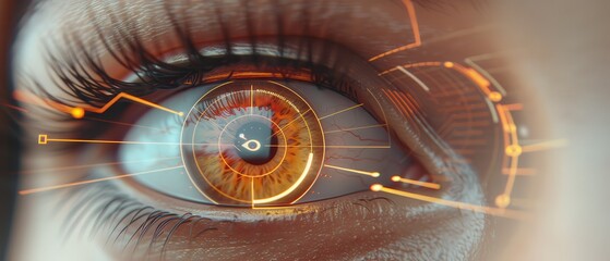 Least privilege access concept. A close-up of a human eye with digital elements, showcasing technological integration and a blend of organic and artificial features.