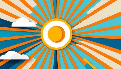 retro sunburst illustration with yellow sun radiating blue orange and beige stripes