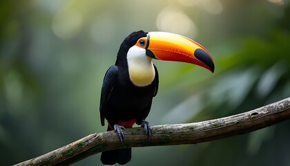 Obraz premium lucid origin A highly detailed exotic toucan bird perched calmly on a natural mossy wooden
