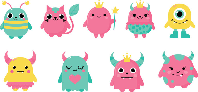Cute pastel monster and alien character vector set with funny kawaii creatures, crowns, hearts, and colorful fantasy cartoon mascots