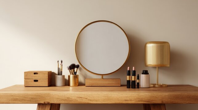 Minimal vanity table with round mirror makeup brushes cosmetics and wooden decor