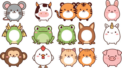 Fototapeta premium Cute round animal character vector set with hamster, cow, tiger, rabbit, frog, unicorn, chicken, cat, dog, pig, and kawaii cartoon mascots