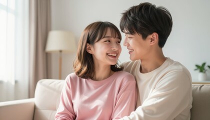 Romantic couple smiling together at home lifestyle photography cozy indoor setting heartfelt connection