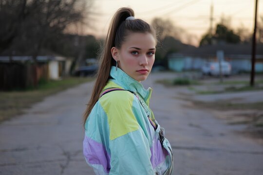Portrait of Caucasian teenage girl standing outdoors looking into camera with serious expression, long hair tied in high ponytail, suburban street background visible