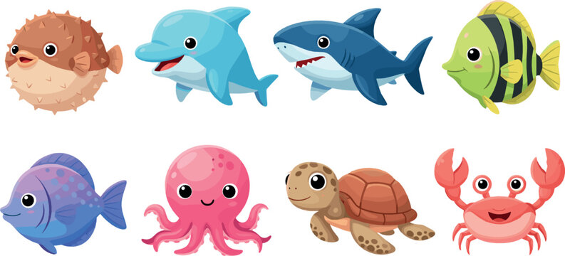 Cute sea animal vector set with dolphin, shark, octopus, turtle, crab, tropical fish, and colorful underwater cartoon creatures