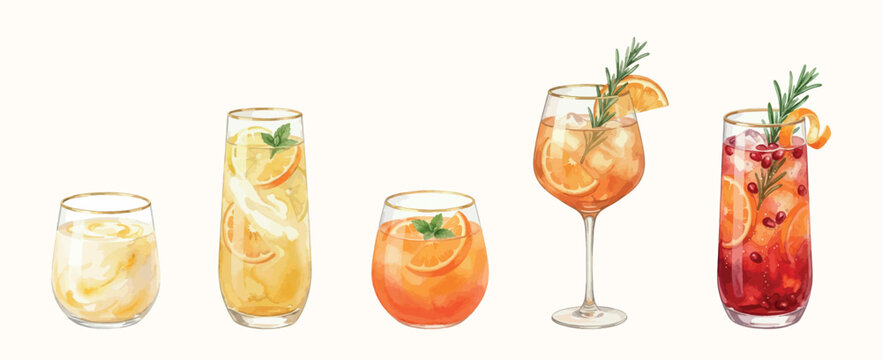 Festive nonalcoholic vector cocktail set. Watercolor drinks collection isolated on light background.