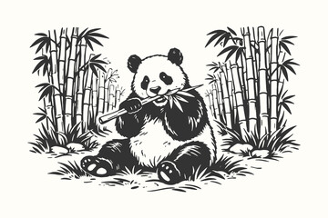 Charming vintage line art vector illustration of a giant panda sitting and eating bamboo stalks surrounded by a dense bamboo forest grove. © Chairul