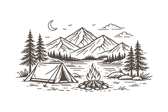 Minimalist mountain camping vector illustration in vintage line art style featuring a tent and campfire by a lake with mountains and moon in the background.