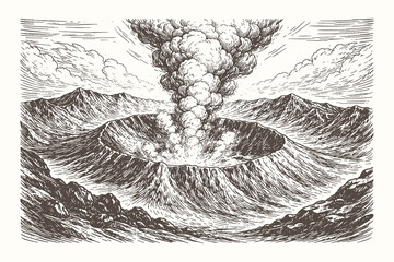 Powerful volcanic eruption vector illustration in vintage woodcut style featuring a large crater with smoke and ash rising above a rugged mountain range. © Chairul