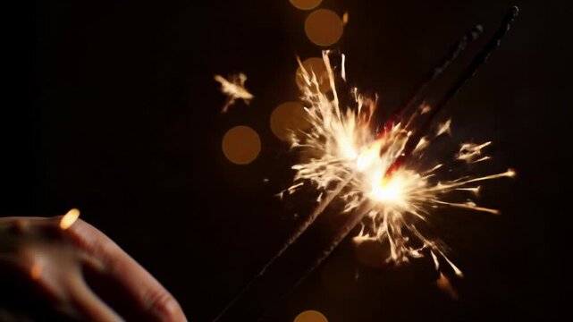 Medium close-up video of a neutral hand holding commercial sparklers, vibrant orange/red sparks erupt upwards. dark background with warm bokeh, copy space, concept of new beginnings, innovation