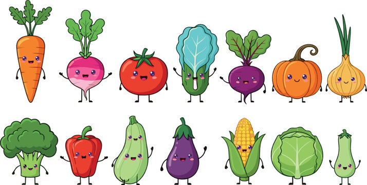 Cute vegetable character vector set with smiling carrot, tomato, cabbage, corn, onion, eggplant, broccoli, and kawaii healthy food illustrations